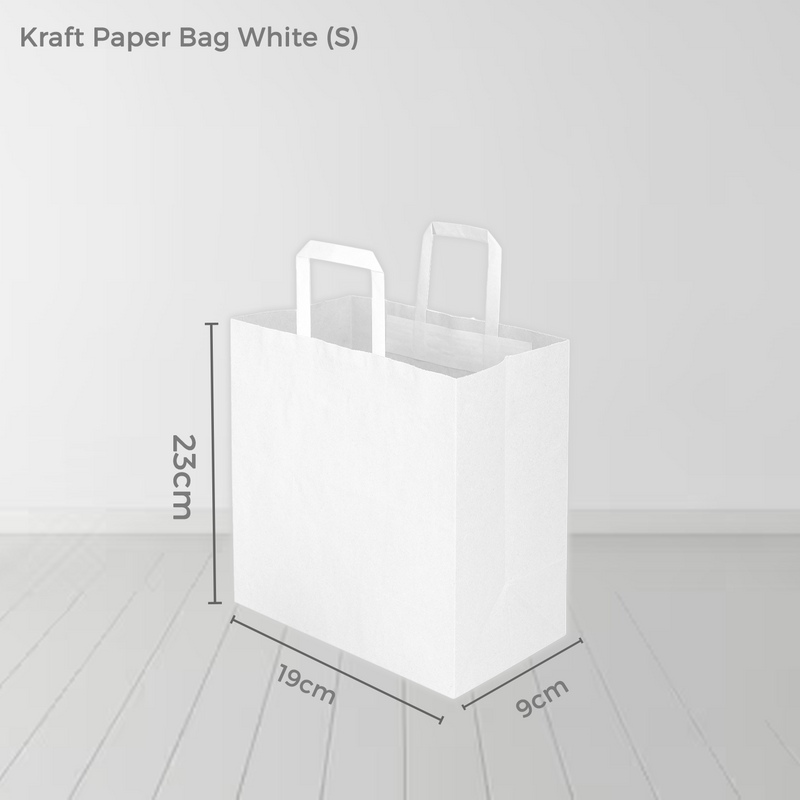 100 Bags - Large  - White Kraft SOS Paper Bag with Flat Handle - (Pack of 100)